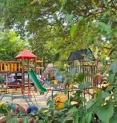 Large outdoor play area with ample trees