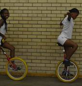 Practising to ride the unicycle, weekly training at Indoor Sports Centre