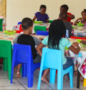 These are our table and chairs where the children can have their breakfast,lunch and sandwiches.